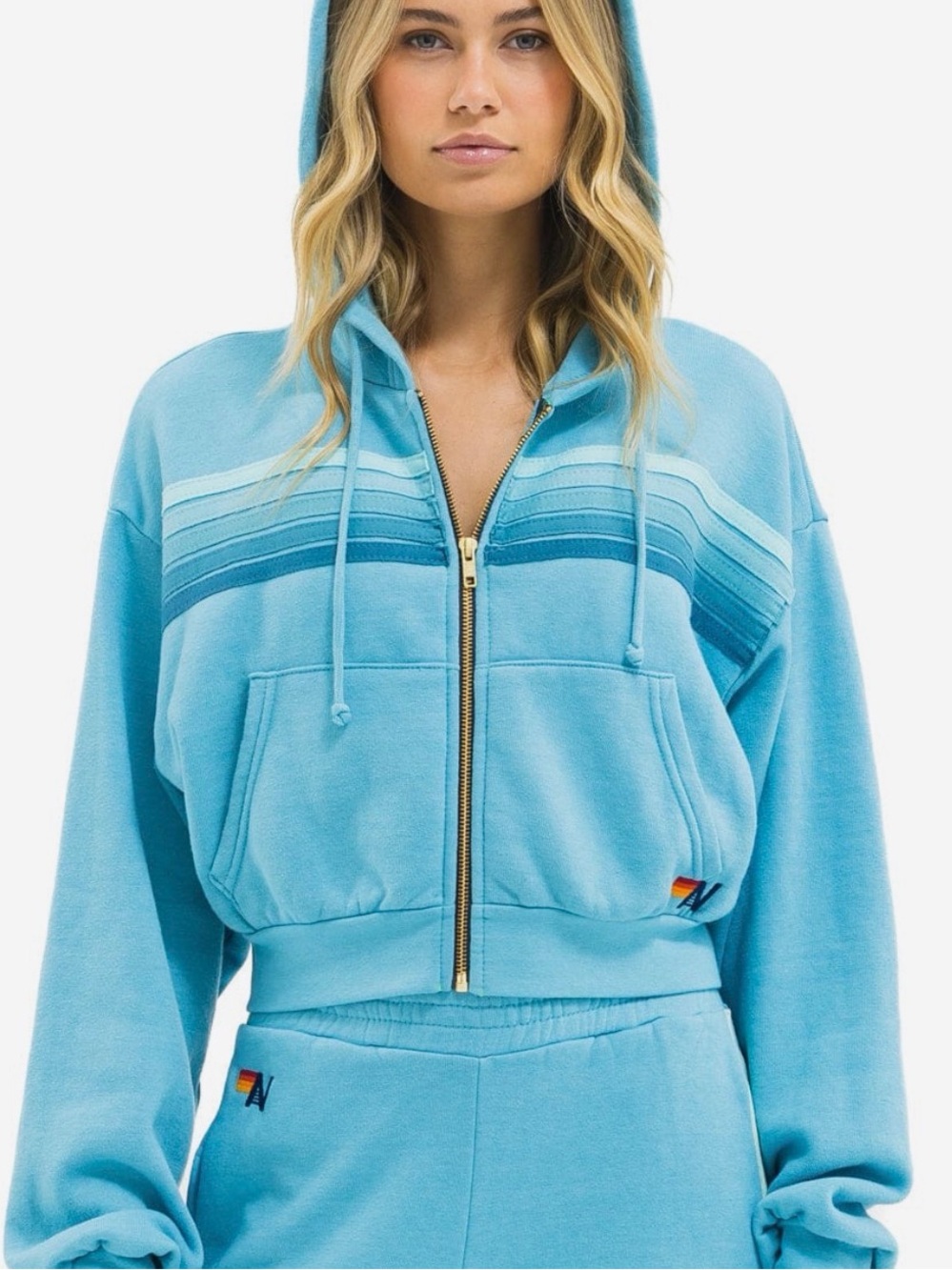Aviator Nation Aqua Blue Striped Zip-Up Hoodie